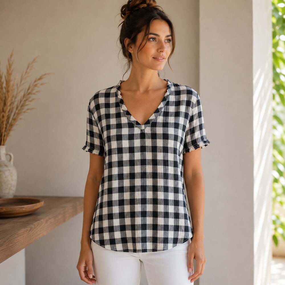 Cloth & Stone Blue Buffalo Check Short Sleeve Pop Over Top XS